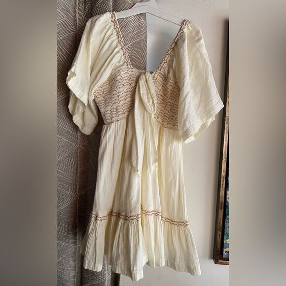 Free People Easy to Love Mini Dress Smocked Cute Romantic Babydoll Ivory Sz S - Picture 5 of 14